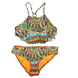 a.n.a Colorful Tribal Print Bikini High Neck Flowy Ruffle Two Piece Swimsuit